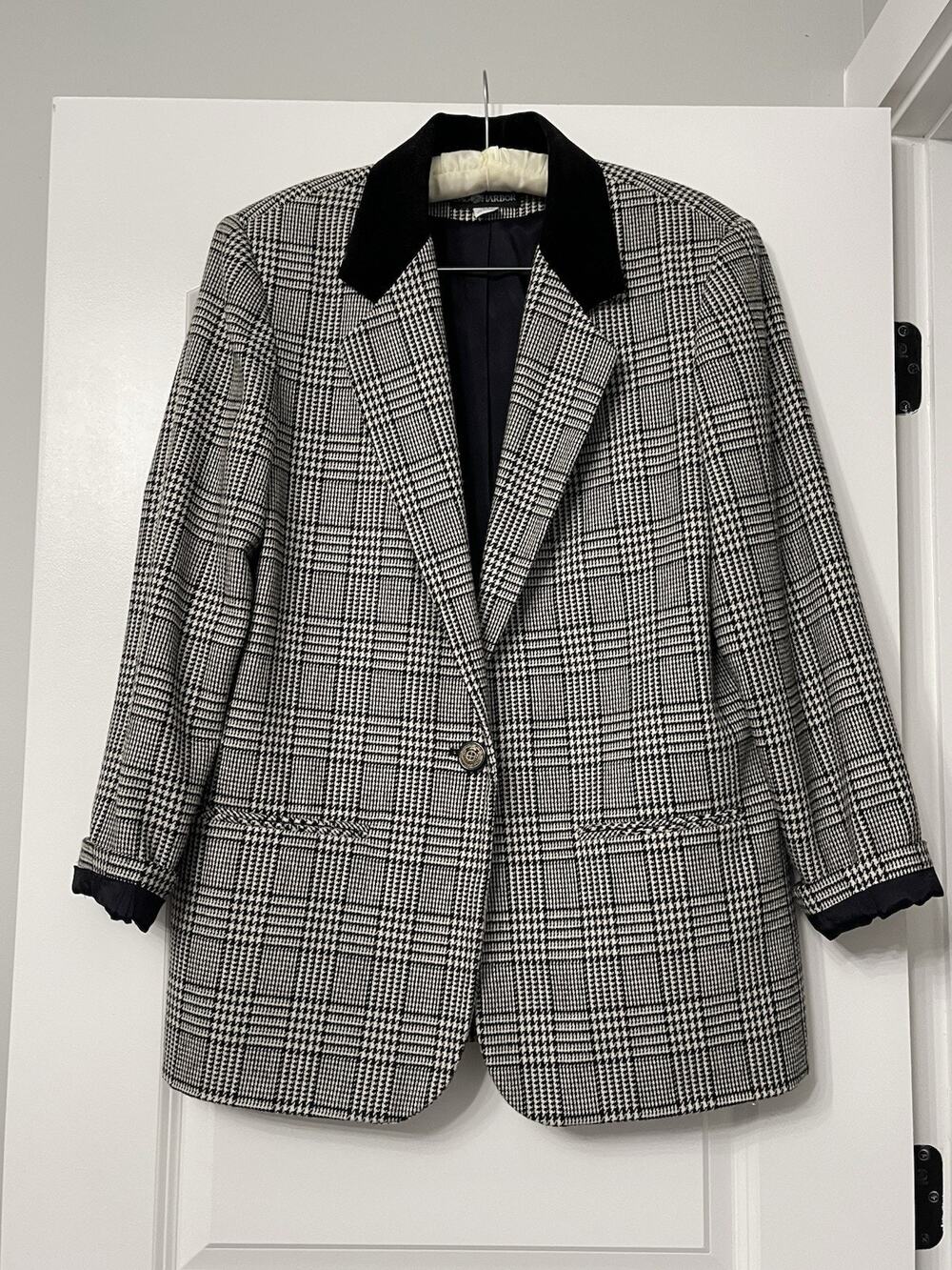 Vintage Sag Harbor Houndstooth Velvet Collar Blazer Jacket Black White Size 14